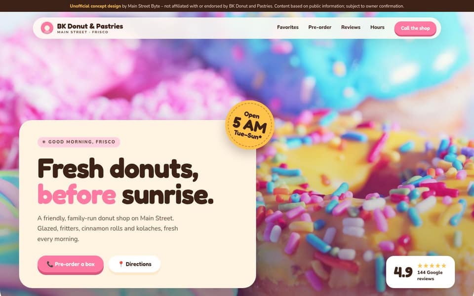 Screenshot of a concept homepage for a donut shop