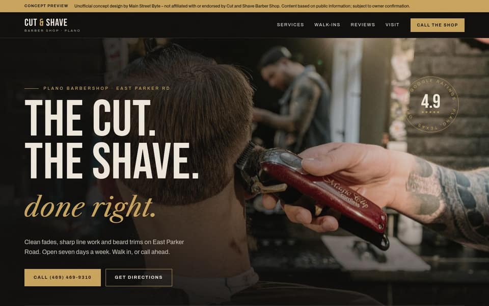 Screenshot of a concept homepage for a barber shop