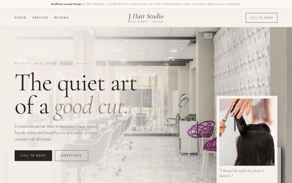 Screenshot of a concept homepage for a hair salon